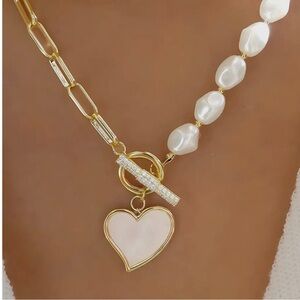 Gold Heart Pearl Chain Necklace | Rhinestone Heart Pendant | Toggle Clasp
